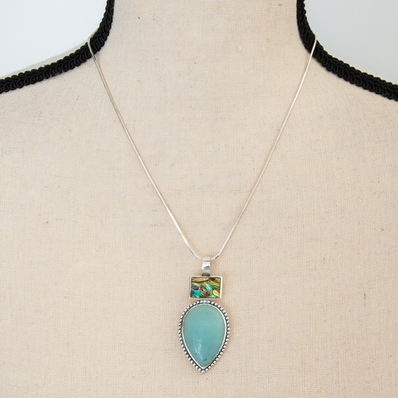 Southwestern pendant turquoise look pear stone, silver look accents Roman stamp - Picture 9 of 11